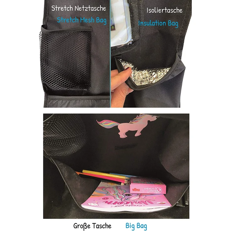 1x Kinder Autositz Rückenlehnenschutz Organizer mit verstellbarer Tablet Tasche, Aufbewahrung für Zubehör – Einhorn Motiv - universal - 70x45cm – inkl. Getränkehalter + Aufbewahrungsnetz - Preisvergleich – Bild 8