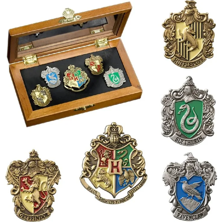 The Noble Collection Hogwarts House Pins by Set of 5 Metal, Hand-Enamelled House Pin Badges Supplied in a Wooden Display Case - Officially Licensed Harry Potter Movie Collectable