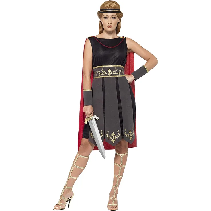 Smiffys 45496XS - Damen Römische Kriegerin Kostüm, Kleid mit Umhang, Arm Stulpen und Haarband, Größe: 32-34, schwarz