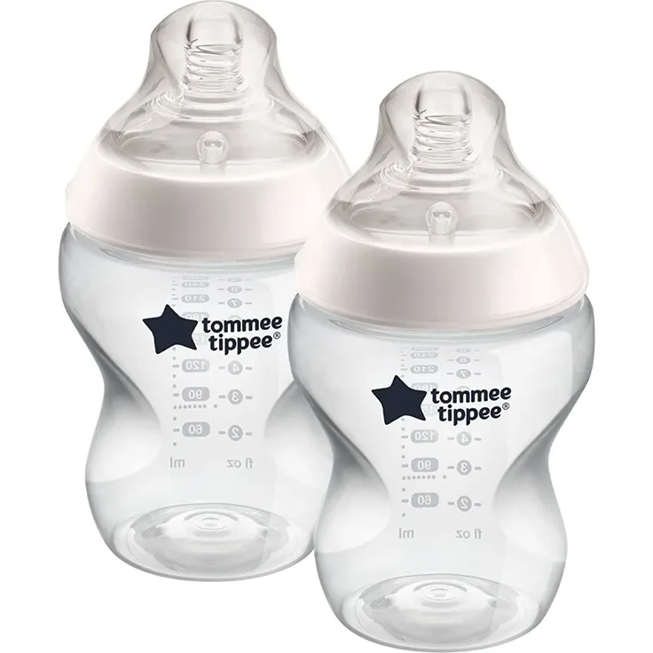 Tommee Tippee Babyfläschchen Closer to Nature, Ventil Anti-Kolik, Superweicher Sauger, 2er Set, 0+ Monate, 260 ml