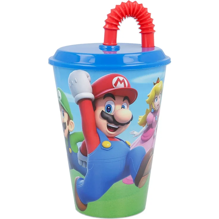 Stor 21430 - Nintendo - Super Mario Trinkbecher Kunststoffbecher mit Deckel & Strohhalm 430ml – Bild 1