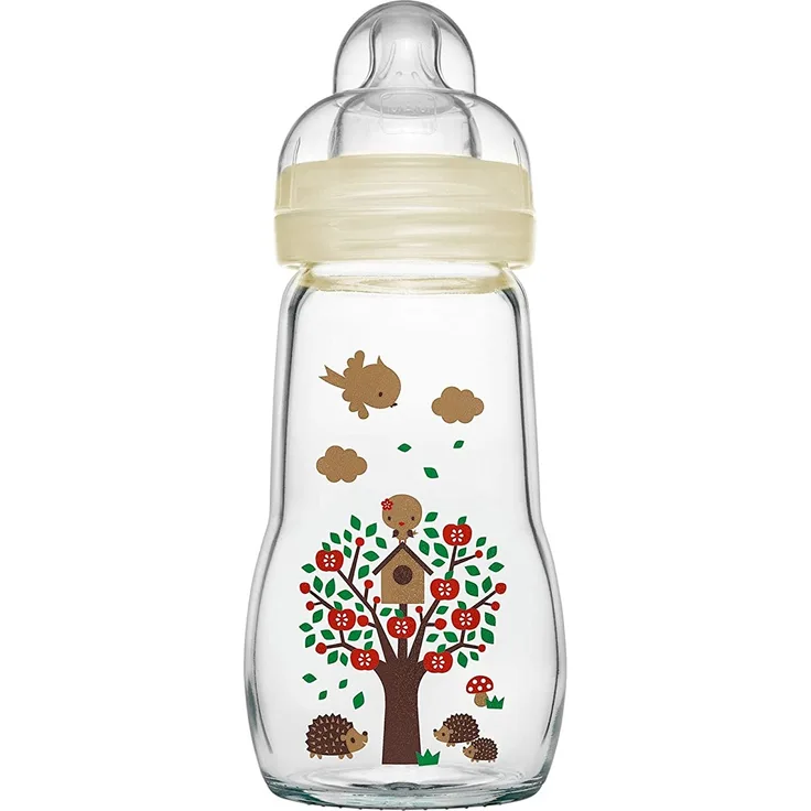 MAM Feel Good Babyflasche aus Glas (260 ml) – beige Babyflasche mit weiter Öffnung – stabile Baby Trinkflasche mit Sauger Gr. 1, ab der Geburt, Naturmotive, beige