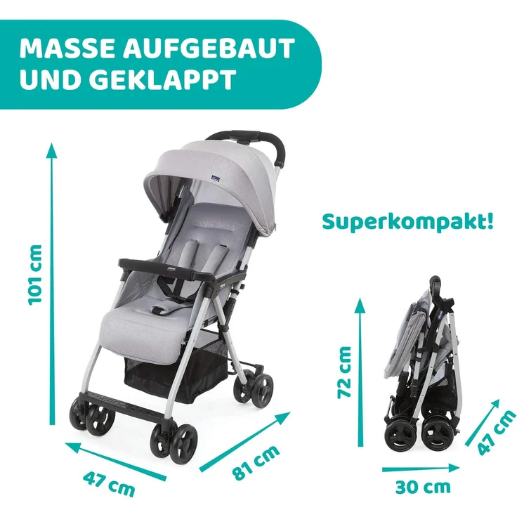 Chicco OHlalà 3 Betthimmel Leichtgewichtiger Kinderwagen Beide Geschlechter Feste Räder Faltbar Grau – Bild 9