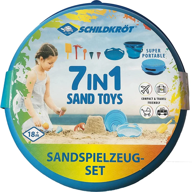 Schildkröt 7in1 Sand Toys Set, innovatives Sand-Spielset im Handtaschenformat, kompakt und platzsparend, faltbarer 3 Liter Eimer mit 6 Sandspielzeugen zum Graben, Formen, Sieben und Rechen, 970244 – Bild 6
