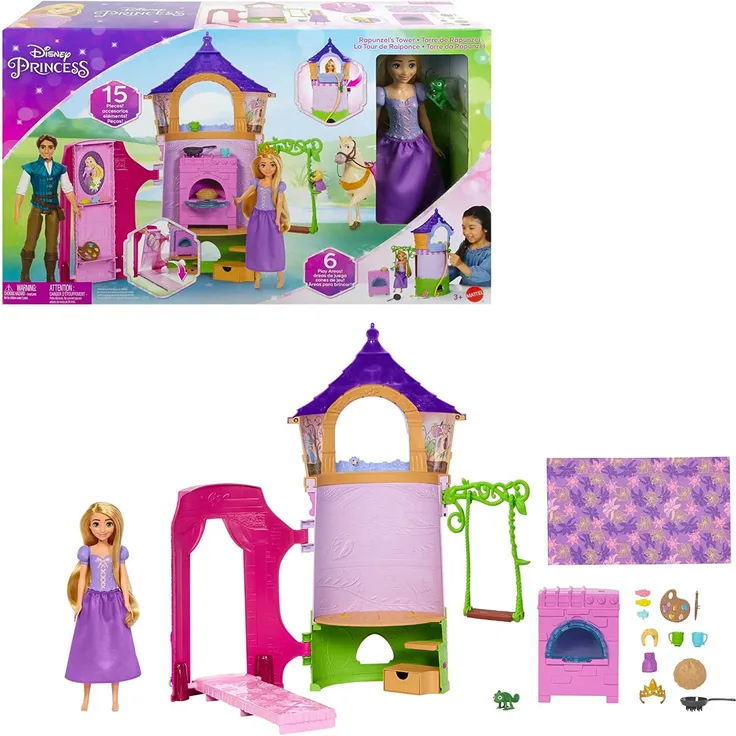 Disney Princess HMV99 - bewegliche Rapunzel-Puppe und Turm Spielset mit rundum Spielspaß, 6 Spielbereiche und 15 Zubehörteile, inspiriert durch den Disney-Film, Puppen Spielzeug ab 3 Jahren