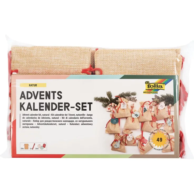folia 63121 - Adventskalender Set mit Säckchen in Jute-Optik, Schnur 2 m lang, 24 Beutel je 10 x 13 cm groß und 24 Zahlenanhängern, für kleine Überraschungen im Advent