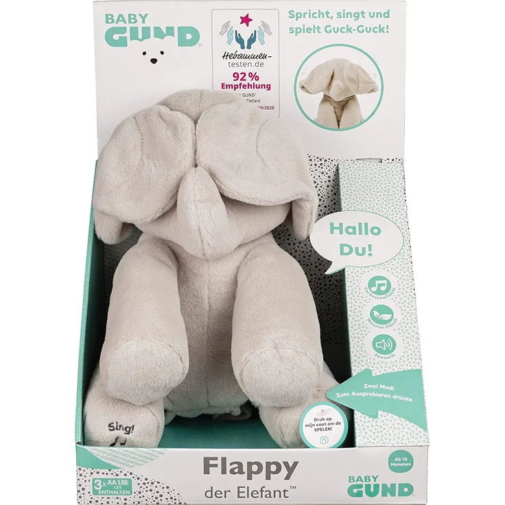 GUND 6053047 'Flappy, der singende und sprechende Elefant' Funktionsplüschtier, deutsch, ca. 30 cm, ab 10 Monaten – Bild 1