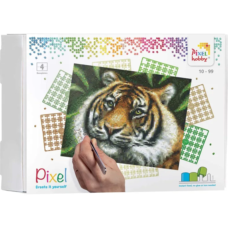 Pixel P090028 Mosaik Geschenkverpackung Tiger, Pixelbild ca. 25,4 x 20,3 cm, kinderleichtes Stecksystem, ohne Bügeln und Kleben, Steinchen aus Biokunststoff, ideal für Kinder