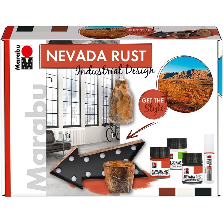 Marabu 1271000000080 - Acryl Rosteffektfarbe im Set, Nevada Rust Industrial Design, auf Wasserbasis, lichtecht, wetterfest, schnell trocknend, 3 x 50 ml Farbe, Liner, Schwamm und Pinsel