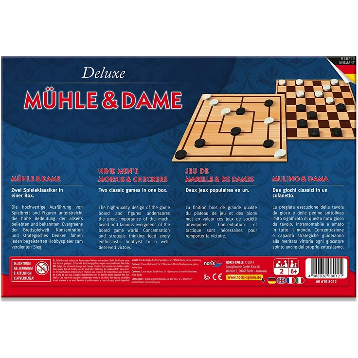 Noris 606108012 - Deluxe Mühle und Dame, der beliebte Spieleklassiker aus Holz mit doppelseitigem Spielplan, ab 6 Jahren – Bild 3