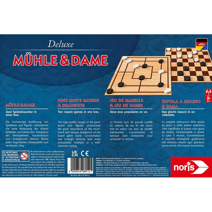 Noris 606108012 - Deluxe Mühle und Dame, der beliebte Spieleklassiker aus Holz mit doppelseitigem Spielplan, ab 6 Jahren – Bild 2