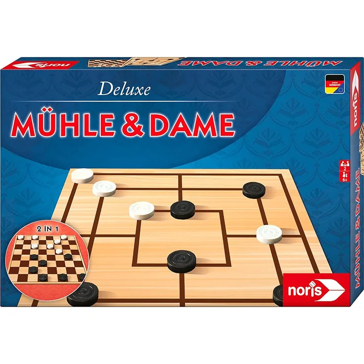 Noris 606108012 - Deluxe Mühle und Dame, der beliebte Spieleklassiker aus Holz mit doppelseitigem Spielplan, ab 6 Jahren