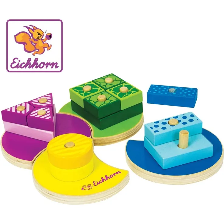 Eichhorn 100002234 - Steckspiel 18-tlg., Holz, 19x19x4,5cm, 4 versch. Stecksymbole, Grundplatte zum Puzzeln, Motorikspiel