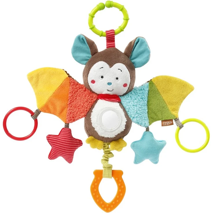 Fehn 067712 Activity-Spieltier Fledermaus – Motorikspielzeug zum Aufhängen mit Spiegel & Ringen zum Beißen, Greifen und Geräusche erzeugen – Für Babys und Kleinkinder ab 0+ Monaten – Bild 1