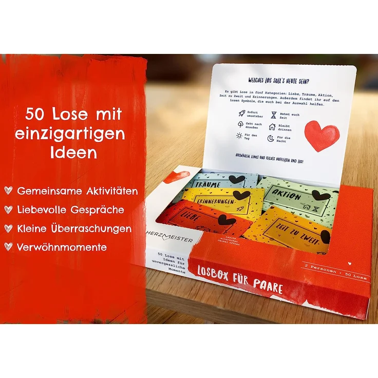 Losbox für Paare I Das Paar-Geschenk zum Valentinstag für unvergessliche Momente I 50 Lose mit Ideen für Spiel, Spaß & viel Liebe I Besondere Überraschung für Mann, Frau, Partner, Freund & Freundin – Bild 2