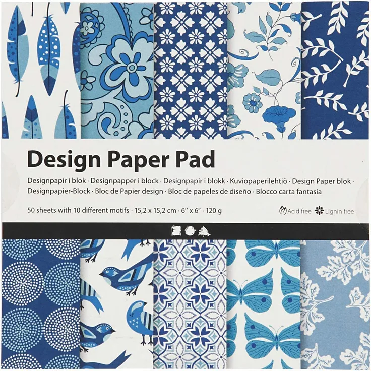 Design-Papier im Block, Blatt 15,2x15,2 cm, 120 g, Blau, 50Bl.