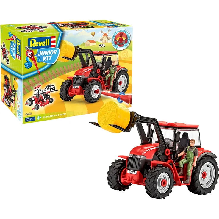 Revell 00815 Junior Kit-Traktor mit Frontlader und Spielfigur 4 der Bausatz mit dem Schraubsystem für Kinder ab 4 Jahre, Bauen-Schrauben-Spielen, mit tollen Funktionen, rot, Länge ca. 28 cm