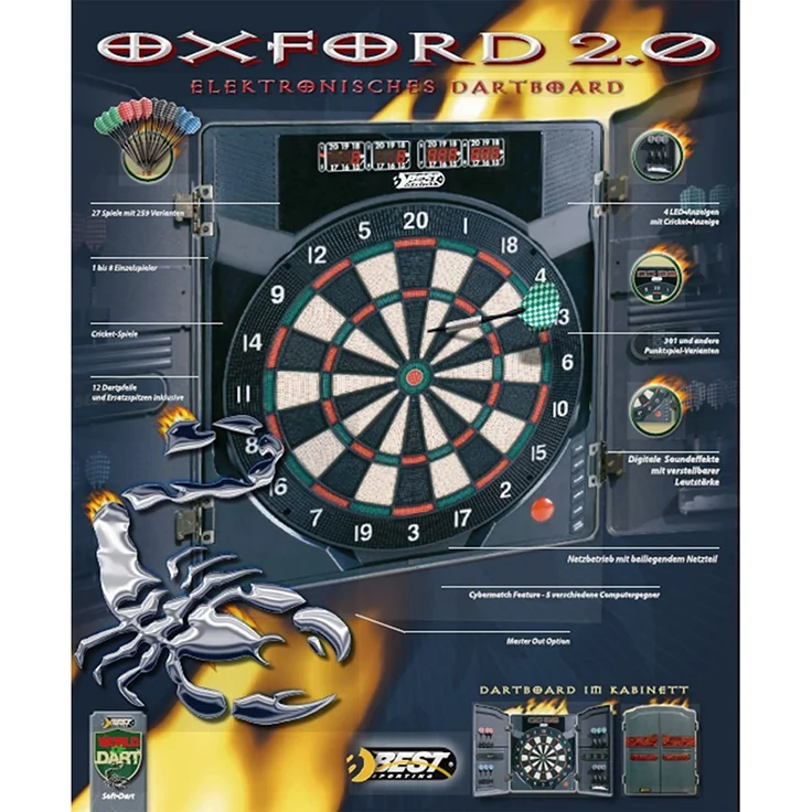 Best Sporting Dartscheibe elektronisch Oxford 2. 0 I elektronische Dartscheibe mit LED-Anzeigen I E-Dartscheibe mit 12 Dartpfeilen & Ersatzspitzen I Dartboard Kabinett mit Walnuss-Optik – Bild 2