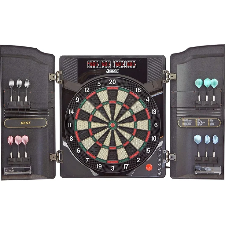 Best Sporting Dartscheibe elektronisch Oxford 2. 0 I elektronische Dartscheibe mit LED-Anzeigen I E-Dartscheibe mit 12 Dartpfeilen & Ersatzspitzen I Dartboard Kabinett mit Walnuss-Optik – Bild 1