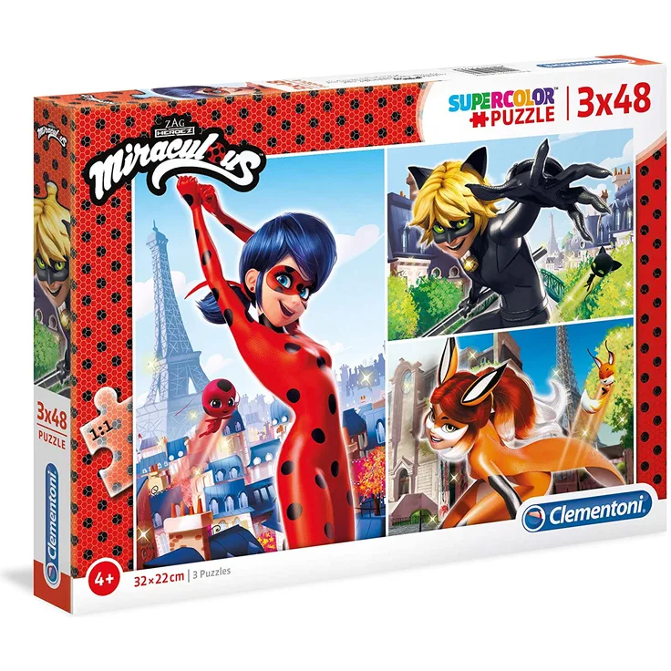 Clementoni 25234 Clementoni-25234-Supercolor Puzzle-Miraculous-3 x 48 Teile, Mehrfarben
