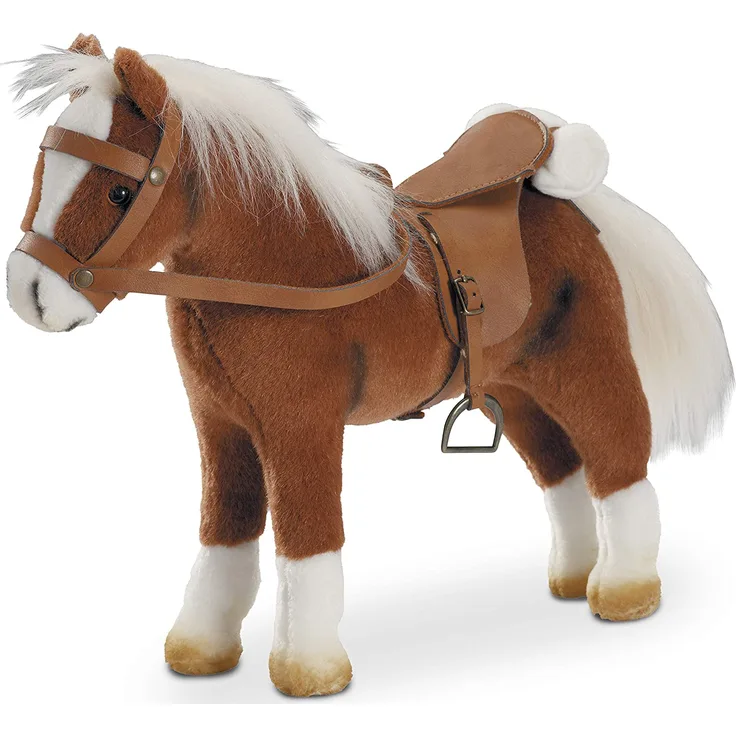 Götz 3401099 Springturniersieger Pferde-Puppe (Stockmaß 27 cm) - 33 cm hohes Plüschpferd für Stehpuppen - mit Sattel, Zaumzeug und Picknickdecke