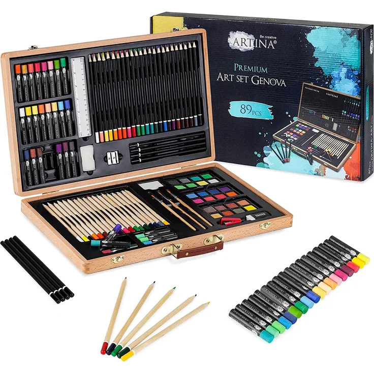 Artina 89-teiliges XXL Malset Genova mit Malkoffer - Wachsmalstifte, Buntstifte Set, Wasserfarben, Pastelle, Pinsel, Zeichenset