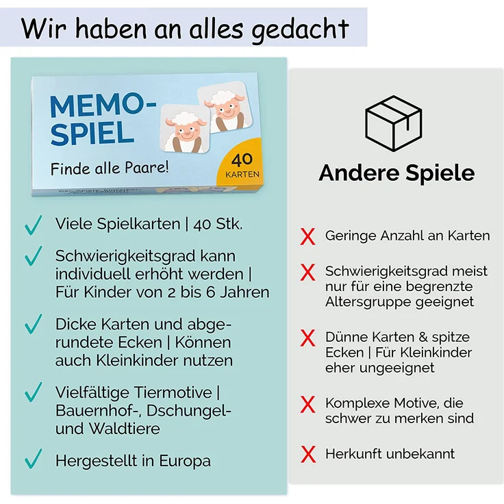 GLÜCKSWOLKE Memo - Spiel I Für Kinder ab 2 bis 6 Jahre I Montessori Spielzeug - fördert Konzentration + Merkfähigkeit I Lernspiele - Mit 7 Schwierigkeitsstufen I Kinderspielzeug - Neu (40 Karten) – Bild 5