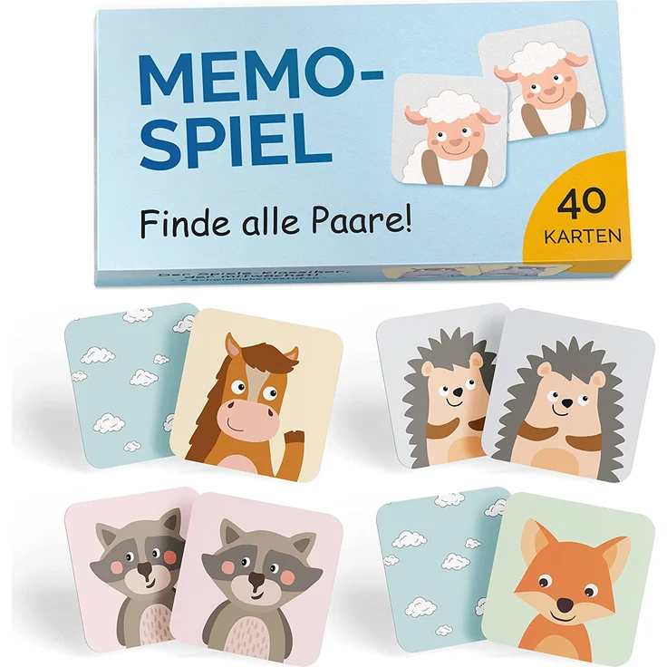GLÜCKSWOLKE Memo - Spiel I Für Kinder ab 2 bis 6 Jahre I Montessori Spielzeug - fördert Konzentration + Merkfähigkeit I Lernspiele - Mit 7 Schwierigkeitsstufen I Kinderspielzeug - Neu (40 Karten) – Bild 1