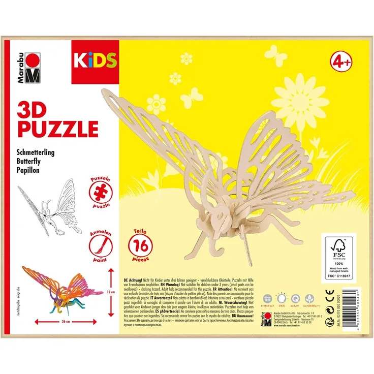 Marabu 317000000020 - KiDS 3D Holzpuzzle Schmetterling, mit 16 Puzzleteilen aus FSC-zertifiziertem Holz, ca. 26 x 19 cm groß, einfache Stecktechnik, zum individuellen Bemalen und Gestalten