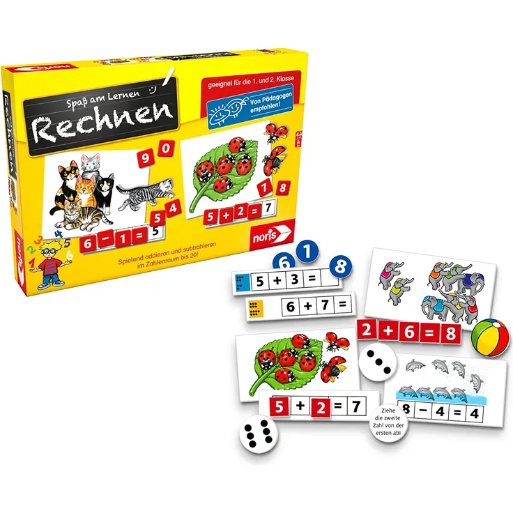 Noris 606076341 Spaß am Rechnen, Kinder Lernspiel zum Rechnen lernen, Zahlen, Bildlesekarten und Zahlensteine für Kindergarten, 1 und 2 Schulstufe, 1-4 Spieler, ab 5 Jahren