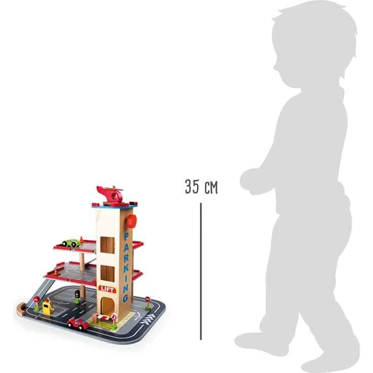 small foot 4777 Parkhaus "Rasante Abfahrt" aus Holz, mit 3 Etagen, Aufzug und Hubschrauberlandeplatz, ab 3 Jahren – Bild 7