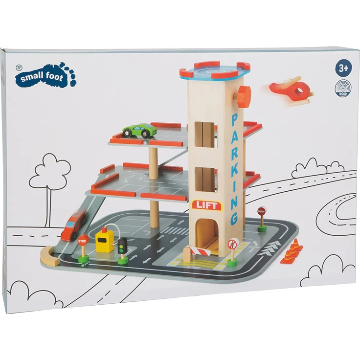 small foot 4777 Parkhaus "Rasante Abfahrt" aus Holz, mit 3 Etagen, Aufzug und Hubschrauberlandeplatz, ab 3 Jahren – Bild 6