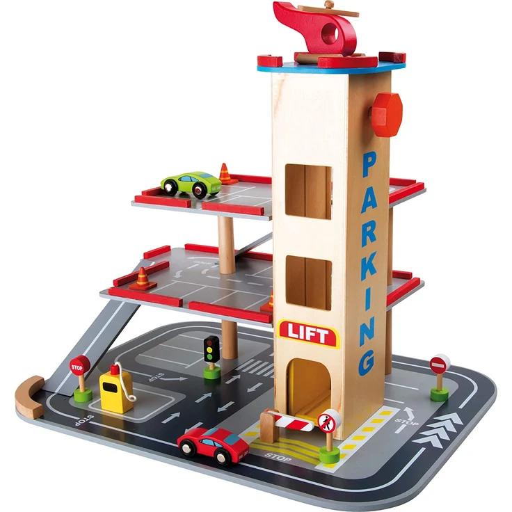 small foot 4777 Parkhaus "Rasante Abfahrt" aus Holz, mit 3 Etagen, Aufzug und Hubschrauberlandeplatz, ab 3 Jahren – Bild 1