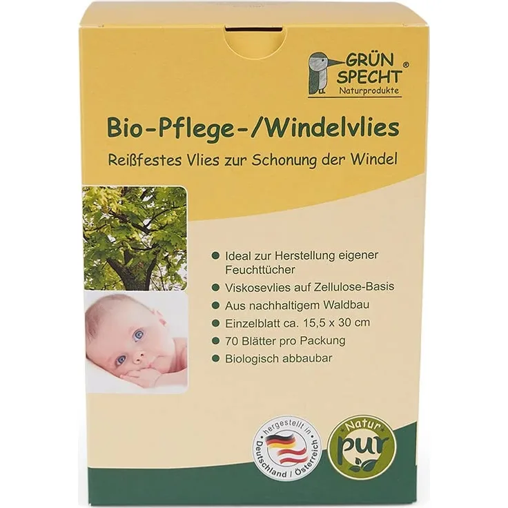 GRÜNSPECHT Bio-Pflege-/Windelvlies, Einlage für Stoffwindeln, 100% biologisch abbaubar, weich, reißfest & saugstark, Spendersystem für Wickeltisch, 70 Blätter (699-00)