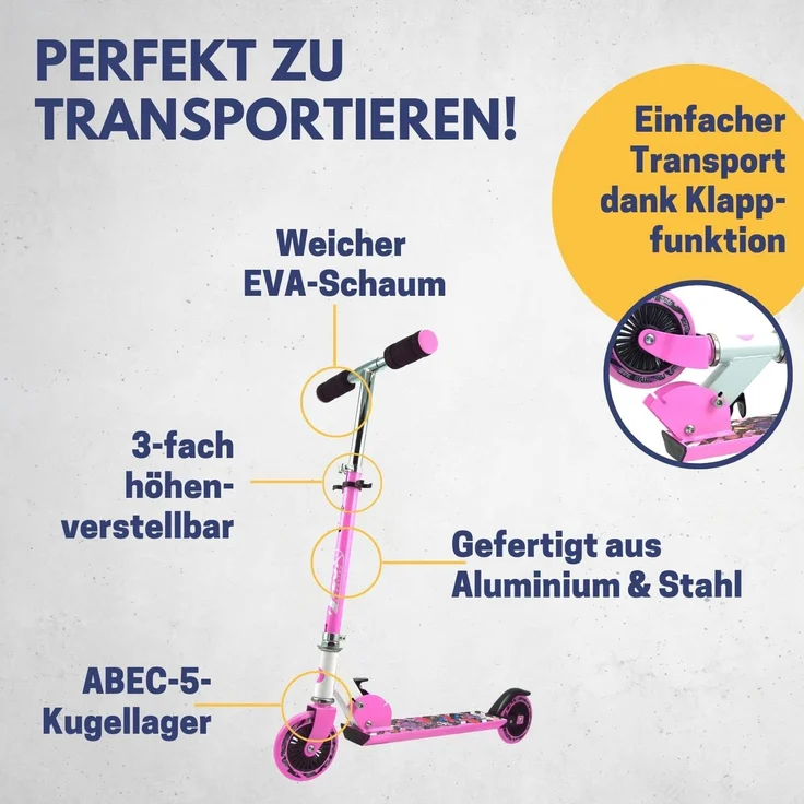 Best Sporting 'Scooter 125er', höhenverstellbar bis 80 cm, klappbar, max. belastbar bis 50 kg, pink/weiß – Bild 3