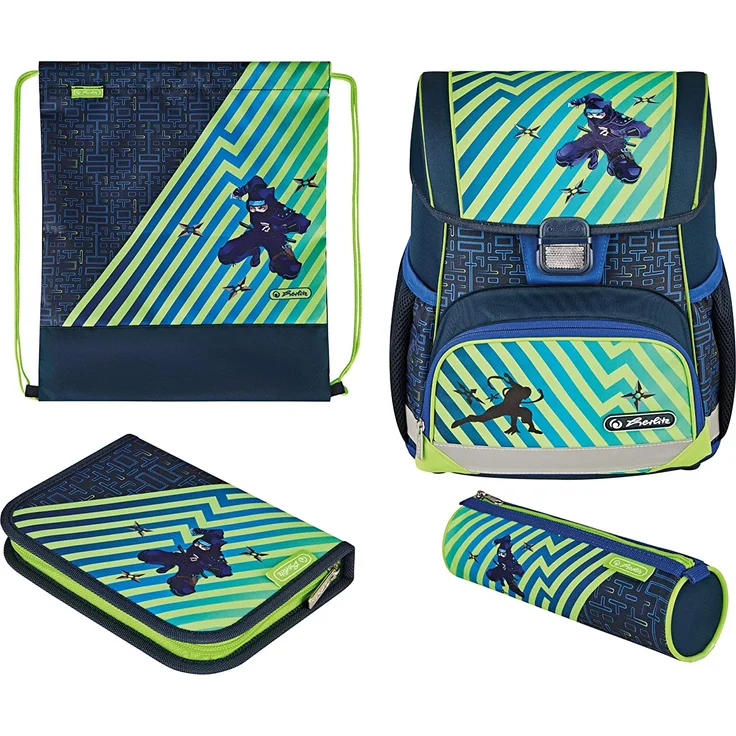 Herlitz Loop Plus Funky Ninja Schulranzen, grün/dunkelblau, inkl. 16 tlg. Schüleretui, Faulenzer-Mäppchen, Sportbeutel – Bild 1