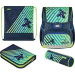Herlitz Loop Plus Funky Ninja Schulranzen, grün/dunkelblau, inkl. 16 tlg. Schüleretui, Faulenzer-Mäppchen, Sportbeutel