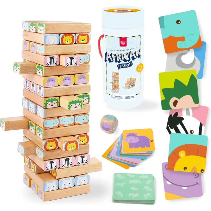 Nene Toys Holzklötze Stapelspiel - 4-in-1 Wackelturm Familien-Gesellschaftsspiel - Set: Bauklötze, Karten, Würfel - Afrika-Safari Lernspielzeug aus Holz für Kinder von 3-9 Jahren Lernspiel Tiere – Bild 1
