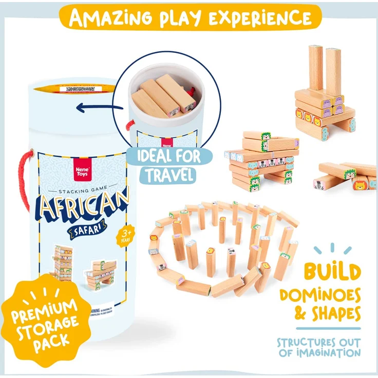 Nene Toys Holzklötze Stapelspiel - 4-in-1 Wackelturm Familien-Gesellschaftsspiel - Set: Bauklötze, Karten, Würfel - Afrika-Safari Lernspielzeug aus Holz für Kinder von 3-9 Jahren Lernspiel Tiere – Bild 4