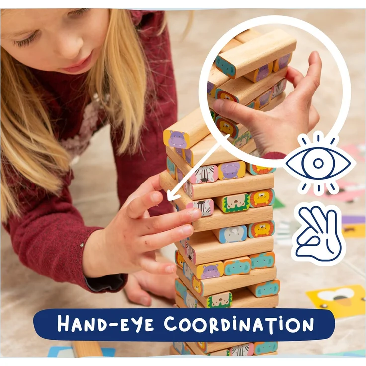 Nene Toys Holzklötze Stapelspiel - 4-in-1 Wackelturm Familien-Gesellschaftsspiel - Set: Bauklötze, Karten, Würfel - Afrika-Safari Lernspielzeug aus Holz für Kinder von 3-9 Jahren Lernspiel Tiere – Bild 6
