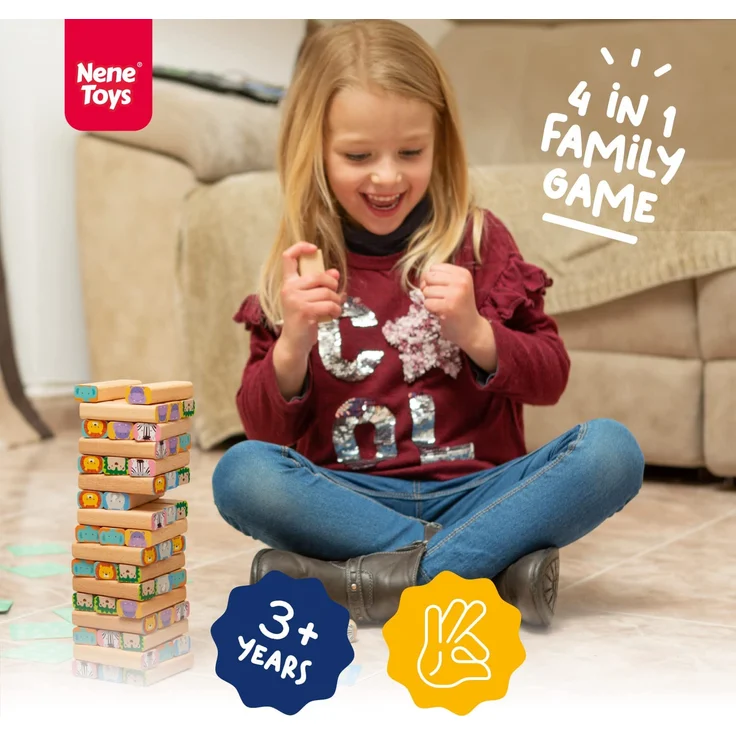 Nene Toys Holzklötze Stapelspiel - 4-in-1 Wackelturm Familien-Gesellschaftsspiel - Set: Bauklötze, Karten, Würfel - Afrika-Safari Lernspielzeug aus Holz für Kinder von 3-9 Jahren Lernspiel Tiere – Bild 2