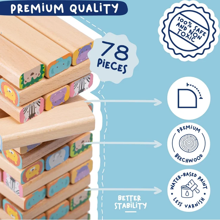 Nene Toys Holzklötze Stapelspiel - 4-in-1 Wackelturm Familien-Gesellschaftsspiel - Set: Bauklötze, Karten, Würfel - Afrika-Safari Lernspielzeug aus Holz für Kinder von 3-9 Jahren Lernspiel Tiere – Bild 5