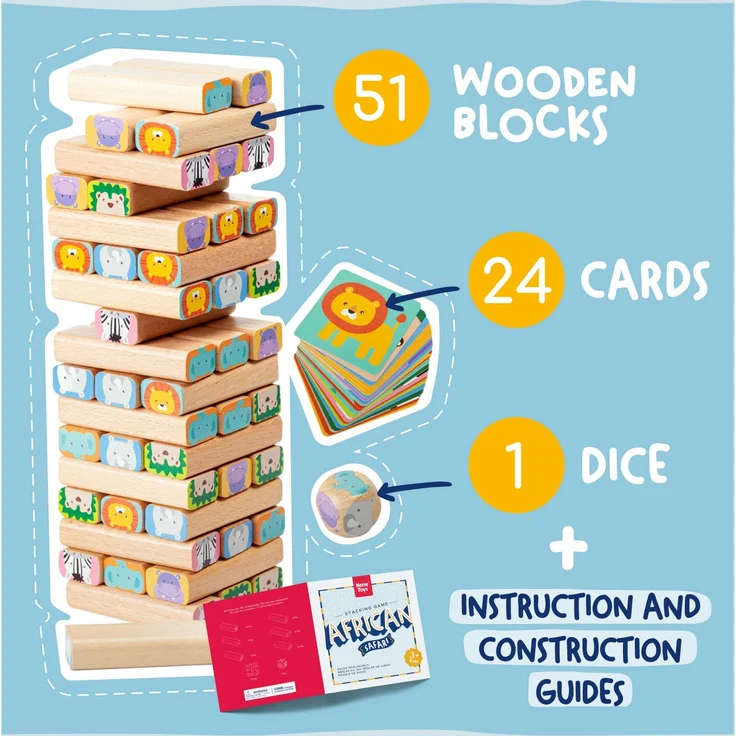 Nene Toys Holzklötze Stapelspiel - 4-in-1 Wackelturm Familien-Gesellschaftsspiel - Set: Bauklötze, Karten, Würfel - Afrika-Safari Lernspielzeug aus Holz für Kinder von 3-9 Jahren Lernspiel Tiere – Bild 7