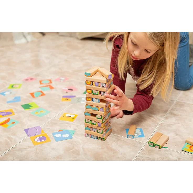 Nene Toys Holzklötze Stapelspiel - 4-in-1 Wackelturm Familien-Gesellschaftsspiel - Set: Bauklötze, Karten, Würfel - Afrika-Safari Lernspielzeug aus Holz für Kinder von 3-9 Jahren Lernspiel Tiere – Bild 9