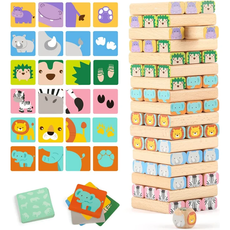 Nene Toys Holzklötze Stapelspiel - 4-in-1 Wackelturm Familien-Gesellschaftsspiel - Set: Bauklötze, Karten, Würfel - Afrika-Safari Lernspielzeug aus Holz für Kinder von 3-9 Jahren Lernspiel Tiere – Bild 8