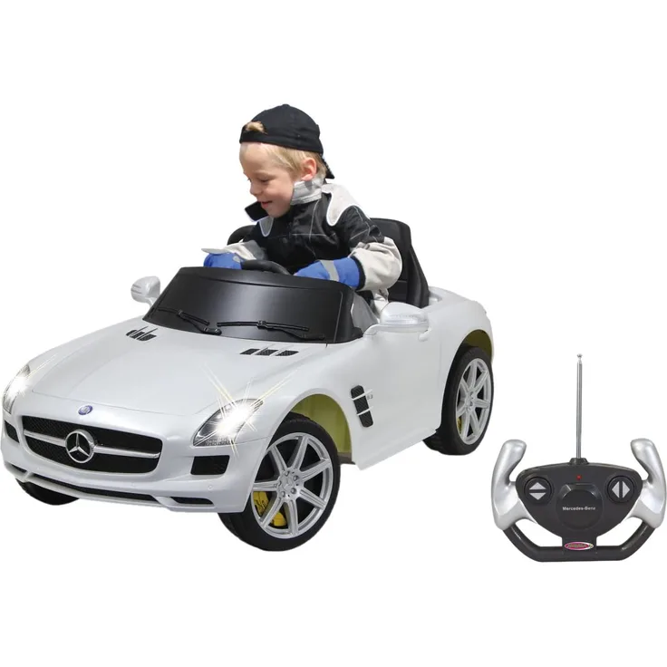Jamara 404610 - Ride-on Mercedes SLS AMG weiß 40MHz 6V – Kinderauto, leistungsstarker Motor und Akku, bis zu 90 Min Fahrzeit,Ultra-Gripp Gummiring am Antriebsrad,Anschluss von Audioquellen,Sound,Licht