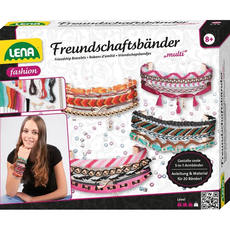 Lena 42117 - Bastelset Multi Freundschaftsbänder groß, Komplettset mit 240 Perlen, Satinbänder, Garne, Kordeln, Ketten und Verschlüsse, Knüpfset für Kinder ab 8 Jahre, Flechtset für 4 Armbänder 5in1