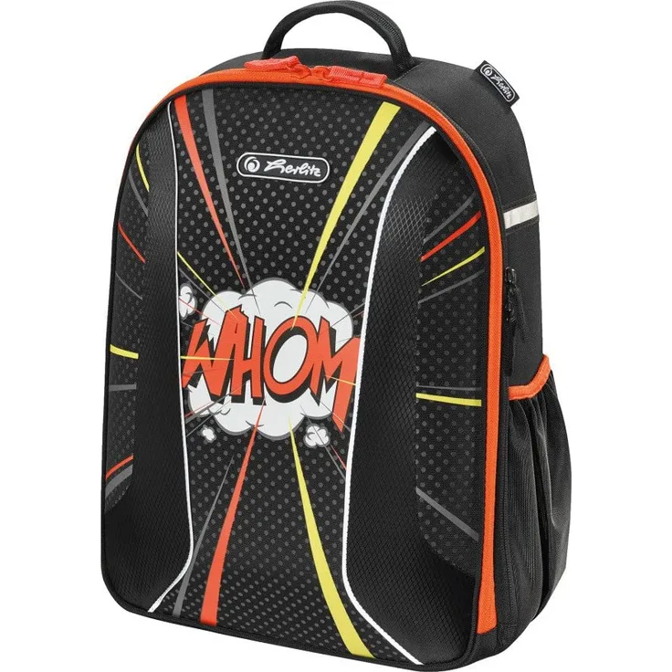 Herlitz Schulrucksack Airgo - Motiv: Comic Whom, 39 cm, 18 Liter, 0,95 kg - Farbe: schwarz,orange, mit reflektierenden Elementen