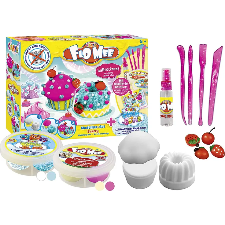 CRAZE 15063 FLO MEE + CLOUD SLIME Cupcake & Bakery Set Lufttrocknende Flauschige Kinderknete Wolkenschleim, Bunte knete