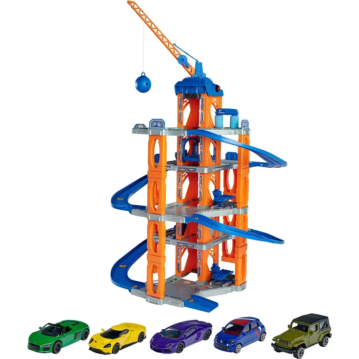 Majorette 212059987 Motor Lift Center – XL Parkhaus inkl. 5 Spielzeugautos aus Metall, auf 5 Etagen, mit elektrischem Aufzug, Bahn, Werkstatt, Tankstelle, Waschstraße und Abrissbirne, Mehrfarbig - Preisvergleich